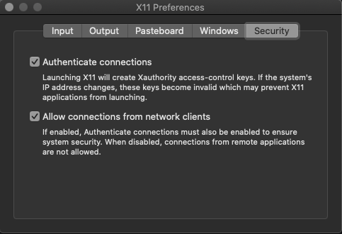 XQuartz preference window.